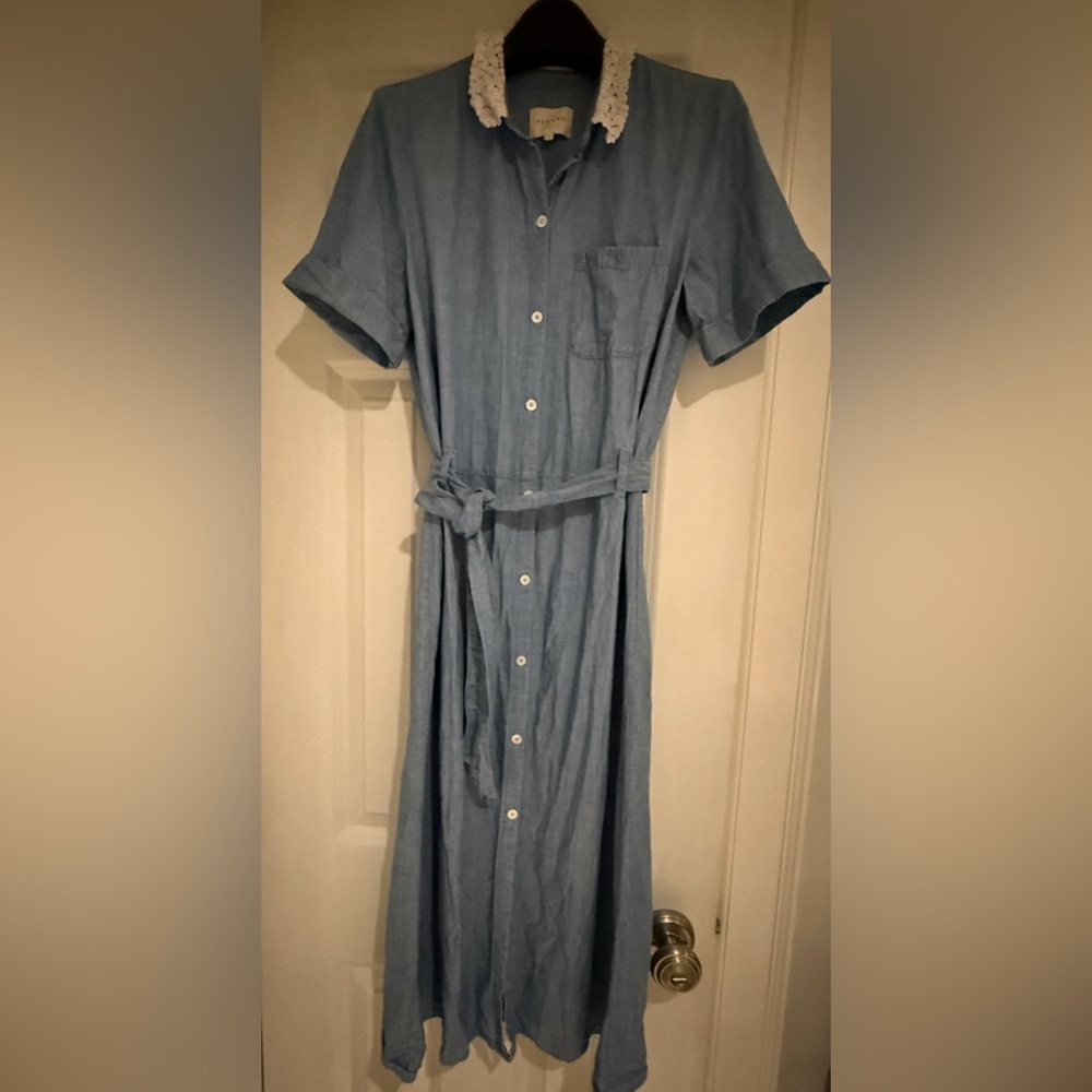 Sezane, 100% cotton, robe Alex, chambray, size 34, short sleeve dress, maxi